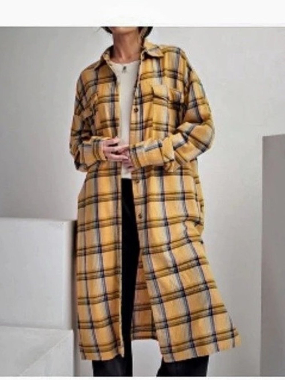 EASEL by Anthropologie Orange/Yellow Blue Plaid Long Shirt Dress Cardigan Size S